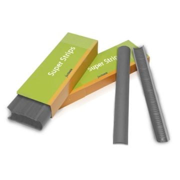 Two green and orange packages of "Dark Gray 11" Fastback Super Strips with two dark gray binding strips displayed, one unrolled and one partially rolled, showcasing their smooth, textured surface.