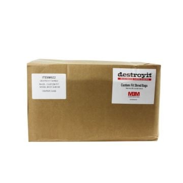 A cardboard box labeled "Destroyit 922 Bags for 4107, 4109 Shredders," containing 100 custom-fit shred bags for MBM Corporation shredders.