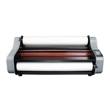 Front view of the Dry-Lam CL-27SD 27" Element Series Standard Roll Laminator with dual rollers and a sleek design.