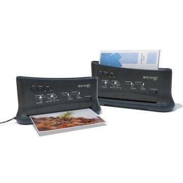 Two Coverbind Duo Thermal Binder and Pouch Laminator machines are shown, one in use binding a document and the other laminating a photo.