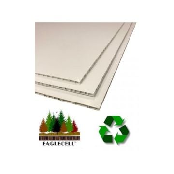 EagleCell Biodegradable 1/4" Mount Boards stacked to display their lightweight honeycomb structure, accompanied by a forest logo and a green recycling symbol.