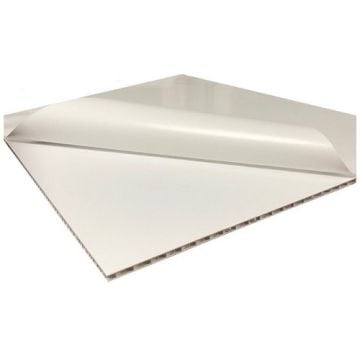 A close-up view of EagleCell Self-Adhesive Recyclable 1/4" Mount Boards, showcasing their smooth white surface and honeycomb core structure.