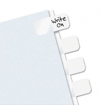 A close-up of Redi-Tag Write-On Self-Stick Side-Mount Plastic Tabs attached to the edge of a white sheet, with one tab labeled "Write On".