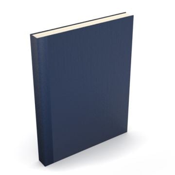A closed, dark blue book with a smooth, textured finish, designed as a "Fastback Easyback 8.5" x 11" Dark Blue Buckram Hardcover," standing upright on a clean white surface.