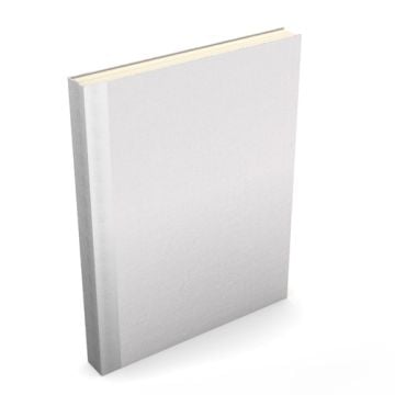 A plain, upright white hardcover book with a smooth surface and visible spine, resembling the "Fastback Easyback 8.5" x 11" White Buckram Hardcovers."