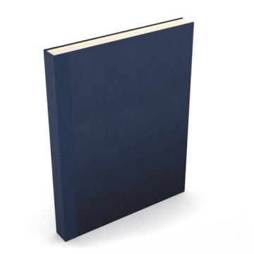 A dark blue hardcover book with a sleek design, titled "Fastback Easyback 8.5" x 11" Dark Blue Composition Hardcovers," standing upright against a white background.