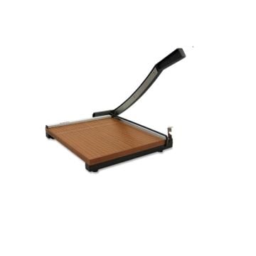 A Dahle Model 560 Professional 13" Guillotine Paper Cutter with a wooden base and a metal cutting arm raised, designed for precise paper trimming.