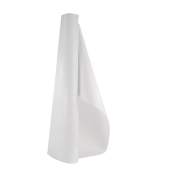 A roll of Interlam Pro Emerytex UV 5mil PS Laminating Film partially unrolled, showing its glossy and flexible texture.