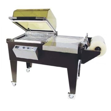 A Preferred Pack PP-76ST All-in-One Sealer/Shrink Chamber Machine with a yellow-tinted transparent lid, control panel, shrink wrap roll holder, and a compact design on caster wheels.