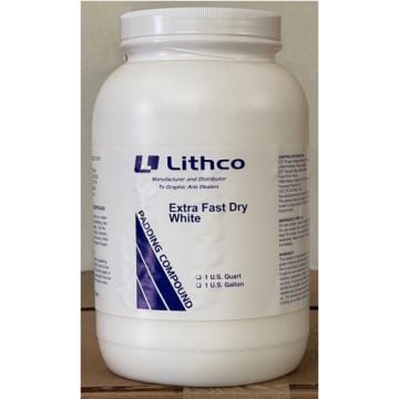 A container of Lithco Extra-Fast Drying White Padding Compound used for graphic arts and binding applications.