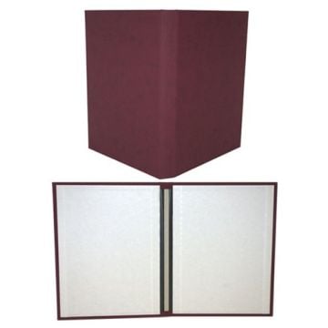Fastback Maroon 8.5" x 11" Suede Hard Covers displayed with a closed front view and an open interior showing a smooth, white lining and reinforced spine.