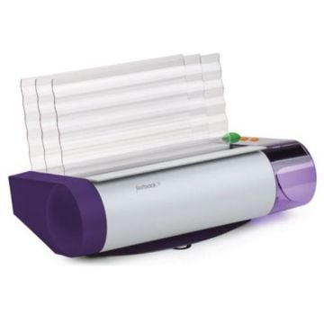 Fastback 9 Strip/Tape Binding Machine with a sleek, modern design featuring a silver body and purple accents, displaying a stack of bound pages emerging from the machine.