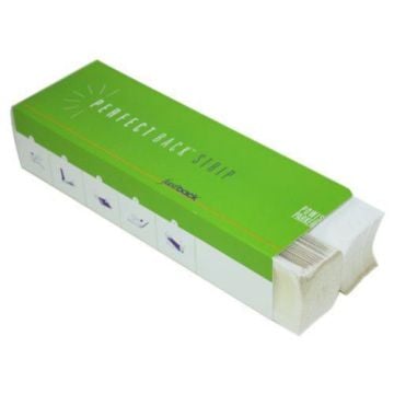 A green and white box labeled "Fastback Perfectback Pressure Sensitive Strips" with illustrations on the side showing usage steps, partially revealing the stacked adhesive strips inside.