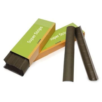 Two dark brown strips labeled "Dark Brown 11" Medium Powis Parker Fastback Super Strips" are displayed alongside a green and orange box with a sleek design.