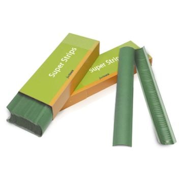 A stack of Green 11" Medium Powis Parker Fastback Super Strips is displayed, with some strips partially pulled out from a green and orange packaging box, showcasing their smooth texture and curved design.