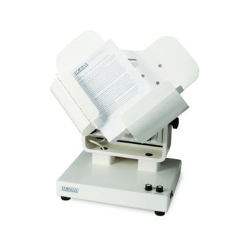 Formax FD 402TA1 High Capacity Tabletop Air Jogger shown in operation with documents aligned in its adjustable tray.