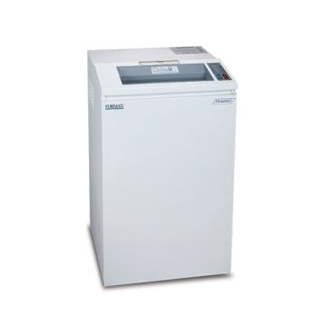 A white Formax OnSite FD 8402CC Cross-Cut Paper Shredder with a compact design and user-friendly control panel.
