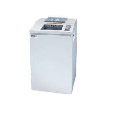 A white Formax OnSite FD 8704CC Cross-Cut Multimedia Office Shredder designed for efficient and secure shredding in office environments.