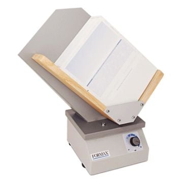 Formax FD402P1 Single Bin Paper Jogger with a slanted bin and adjustable wooden arms, designed to align and organize stacks of paper.