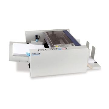 A Formax FD 4170 Cut Sheet Burster with an open paper feed tray and visible control panel, designed for separating continuous feed documents into individual sheets.