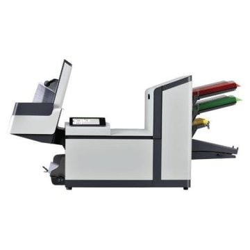 Side view of the Formax 6210 Series Fully Automatic Folder and Inserter, showcasing its multiple paper feed trays and user-friendly touchscreen interface.