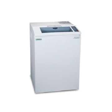 A white Formax OnSite FD 8502CC Cross-Cut Paper Shredder with a compact design and top-loading feed slot for secure document shredding.