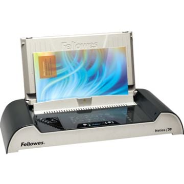 A Fellowes Helios 30 Thermal Binding Machine with an open cover displaying a bound document.