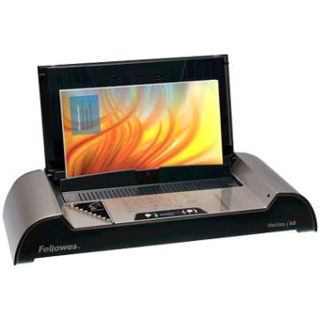 A Fellowes Helios 60 Thermal Binding Machine with a document being bound in the machine.