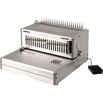 A Fellowes Orion E 500 Electric Comb Binding Machine, showcasing its metal construction with comb binding spines and a foot pedal for easy operation.