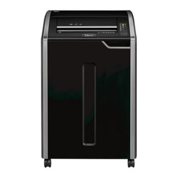 Front view of the Fellowes Powershred 485Ci Cross Cut Paper Shredder, showcasing its sleek black design and sturdy build.