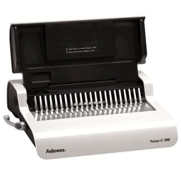 A Fellowes Pulsar E Electric Comb Binding Machine, featuring a sleek white design with an open comb binding mechanism, ready for document binding.