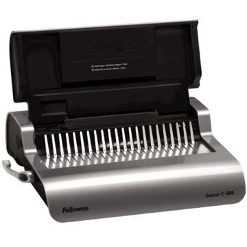 A Fellowes Quasar E Electric Plastic Comb Binding Machine with its top cover open, showing the comb teeth ready for binding documents.