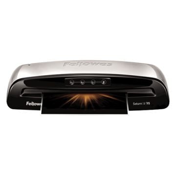 A Fellowes Saturn 3i 95 Pouch Laminator in sleek silver and black design, with a document being laminated.