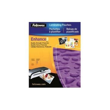 Fellowes Self Adhesive Business Card Size Laminating Pouches packaging, featuring product details and a laminating machine.