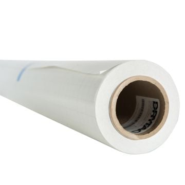 A roll of MediaShield Heatset Mattex UV 3mil Overlaminate with a glossy finish, shown close-up from the side.