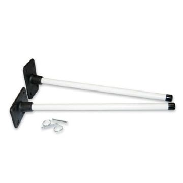 Two white fiberglass poles with black wall mount brackets and included hardware, part of the Fiber Glass Pole Banner Wall Mount Bracket Kits.