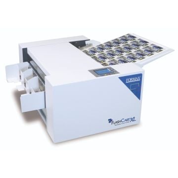 Formax FlashCard XL Large Format Card Cutter processing multiple cards with precision, featuring automated output trays and an intuitive control panel.