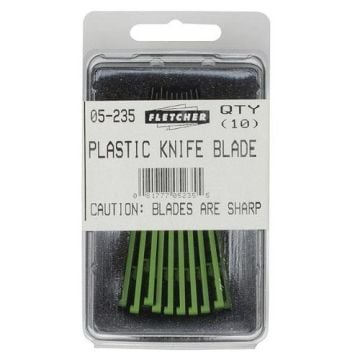 Pack of Fletcher F-60 Replacement Plastic Knife Blades in green, containing 10 sharp blades for cutting applications.