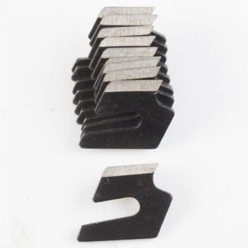 Stacked Fletcher Plastic/Acrylic Scoring Blades for FSC/F3000/F3100 Cutters with one blade separated at the front, showing the angled cutting edge.