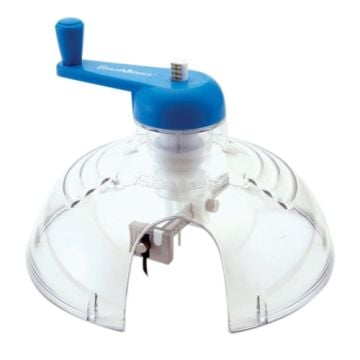 A Foam Board Circle Cutter by FoamWerks with a blue handle and clear plastic body, designed for precise circular cuts in foam board.