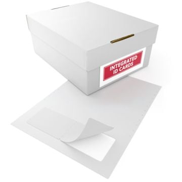 A white box labeled "Integrated ID Cards" with a sheet of 90lb Fold Over Style Printable Integrated ID Cards featuring a detachable card section.