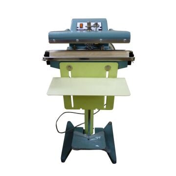 A SealerSales TISF Series 12" Foot-Operated Impulse Sealer with a blue and green body, a built-in working table, and a metal sealing bar, designed for industrial-grade sealing tasks.