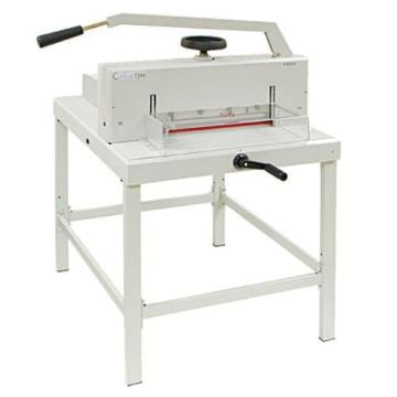 Formax Cut-True 15M 17" Manual Paper Cutter on a sturdy metal stand with a handle and safety shield for precision cutting.