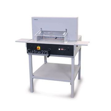 Front view of the Formax Cut-True 27S 19" Semi-Automatic Electric Paper Cutter with safety shield and adjustable guides.