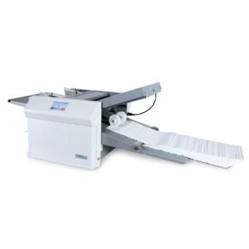 The Formax FD 386 Automatic Paper Folder, shown folding a stack of paper with precision.