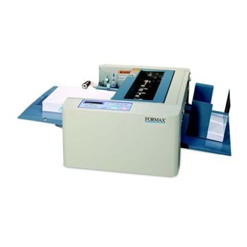 A Formax FD 574 Cut-Sheet Cutter with a beige and blue design, featuring a control panel, paper trays, and visible cutting mechanisms.