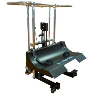 A Foster 16.4' On-a-Roll Lifter (Low Profile) used for heavy lifting, featuring adjustable handles and a sturdy base with castor wheels for mobility.