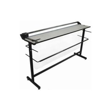 A sturdy black metal Stand & Waste Catcher for Rotatrim 85" Technical Trimmers, featuring a long rectangular cutting surface, integrated waste catcher bar, and stable legs with cross supports.