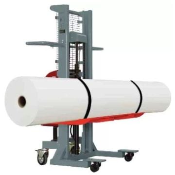 A Foster On-a-Roll Lifter Power Jumbo, a specialized tool designed for lifting and transporting large, heavy rolls of material.