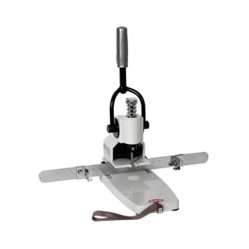 A Filepecker FP-1B Manual Paper Hole Drill with a sturdy metal handle, adjustable guides, and a wide base, designed for precise hole drilling in stacks of paper.